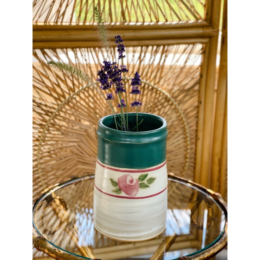 Vintage Studio Art Pottery Rose Vase Crock Pink Roses Ceramic Utensil Holder